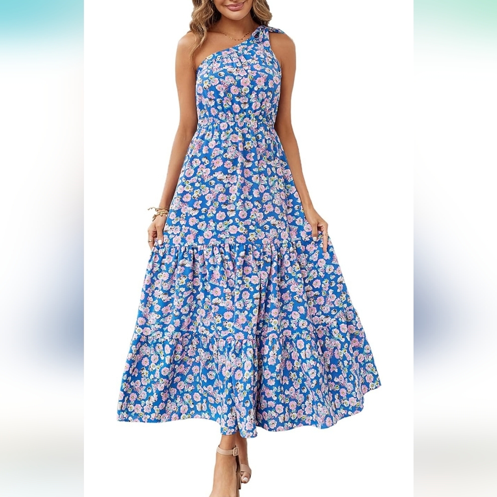 PRETTYGARDEN Women's Floral Maxi Dress 2024 Knot One Shoulder Sleeveless Ruffle